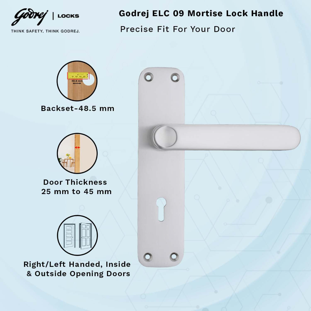 Godrej Mortise Door Lock | Handle Set | ELC 09 | 6-Lever Locking Mechanism | Reversible Latch | For Home & Office | for Wooden Doors | Satinless Finish | 5 Year Warranty